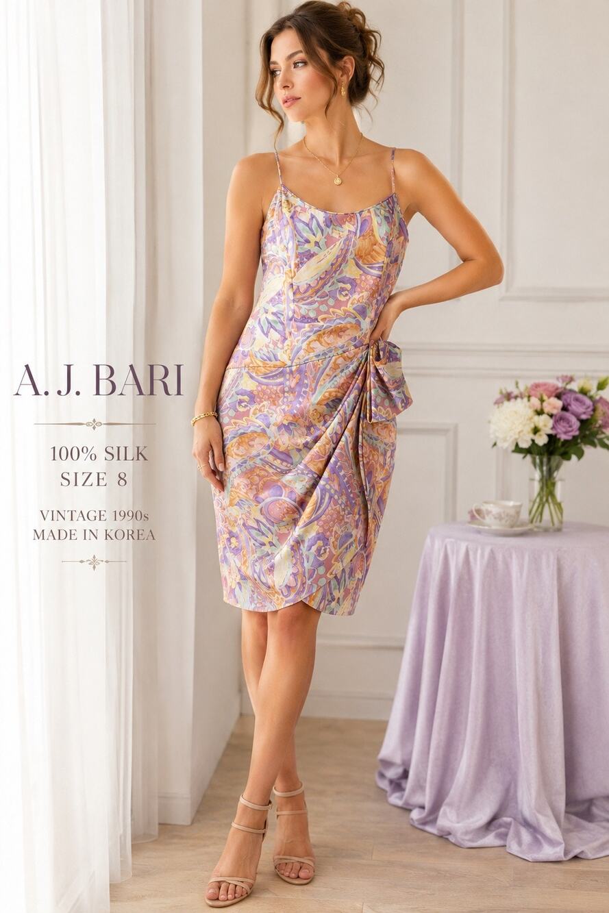 Vintage AJ BARI Silk Slip Dress Sz 8 Asymmetrical draped Pastel Cream Lavender
